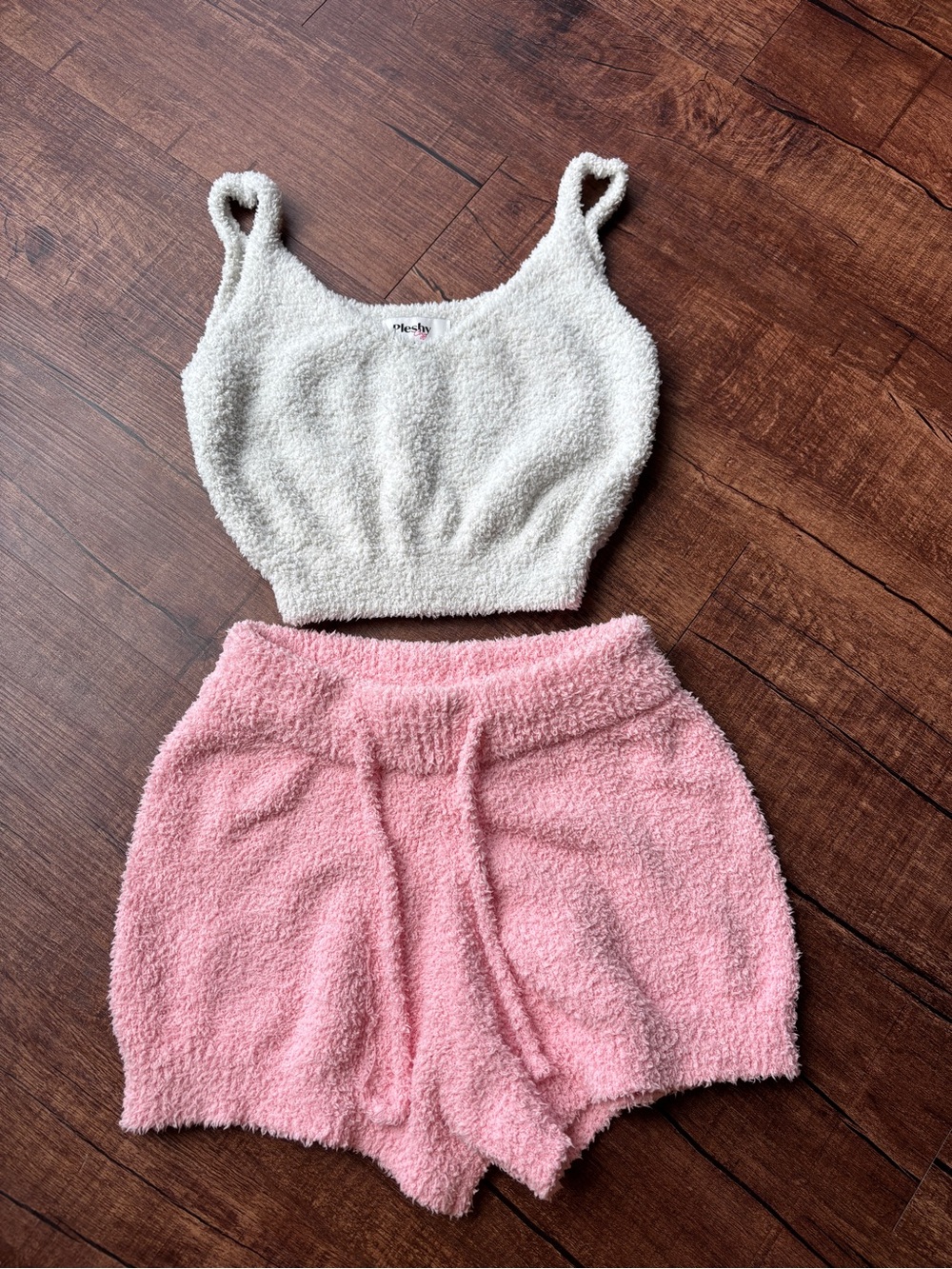 Cozy White Crop Tank & Pink Plush Shorts Set